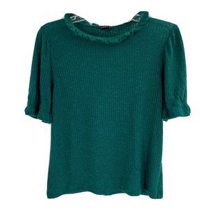 J Crew Green Short Puff Sleeve Ruffle Top Sz L. Runs small.